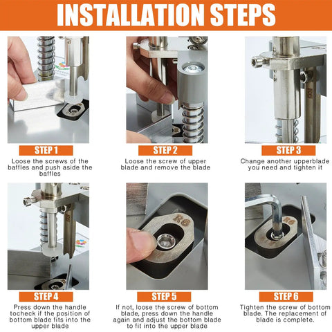 Installation steps for Heavy Duty Corner Rounder Punch Cutter with interchangeable 6mm and 10mm dies, metal construction.