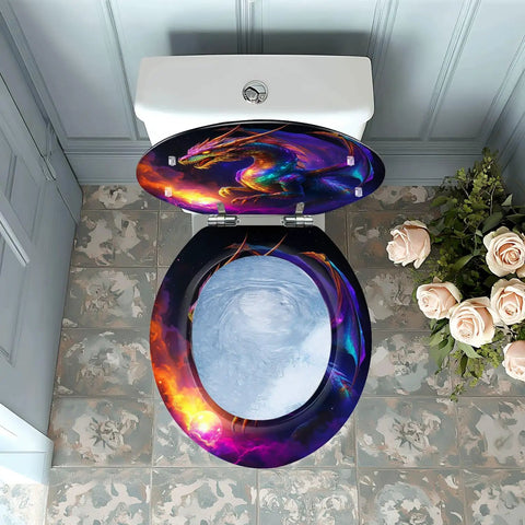 Generic Round Toilet Seat for Bathroom with colorful dragon design, top view showing installation on a modern toilet.