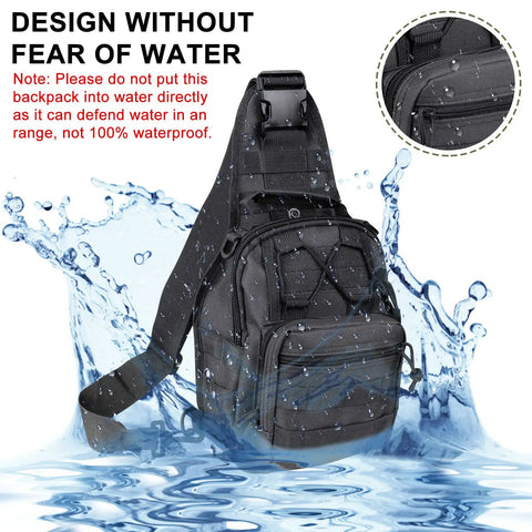 Rugged Waterproof Tactical Backpack With MOLLE Sling Cross Body Chest Bag splashed with water, black color, for outdoor use.