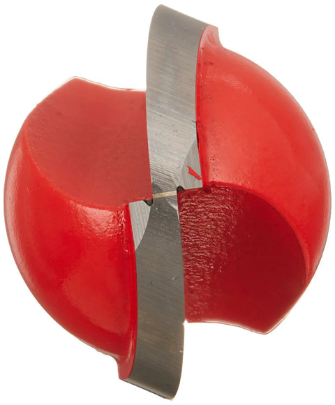 Top Shelf Carbide Router Bit With 1/4 Inch Shank And 3/4 Inch Cutter For CNC Machines Nailing Clean Engraving Flutes On Hardwood Drawer Fronts And Softwood Projects Like A Boss, close-up of the red rounded cutting edge.