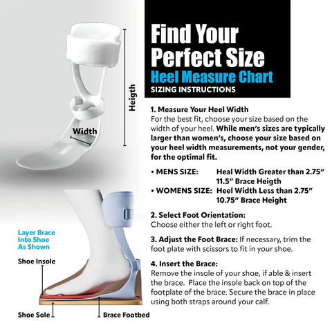 Drop Foot Stabilizer AFO Brace with size chart and insertion guide for Easy Confident Walking Lightweight Breathable Ankle Support