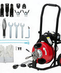 Badass Workhorse 100 Ft Electric Drain Cleaner Machine With Auto Feed Sewer Snake and 8 Cutter Head, including tools and gloves.