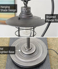 58 Inch Industrial Nautical Floor Lamp With Hanging Cage Shade, Brushed Pewter Finish, Metal Base Detail
