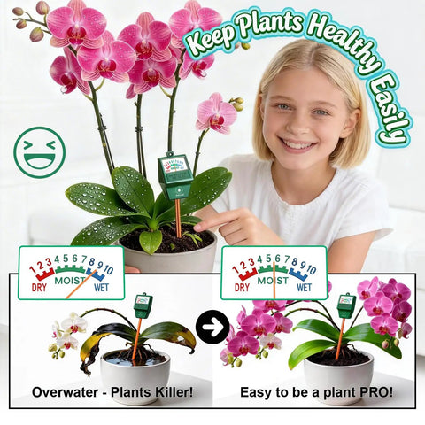 Girl using 2 Pack Soil Moisture Meter For Gardening And Indoor Outdoor Plants No Battery Required Hygrometer Sensor Easy