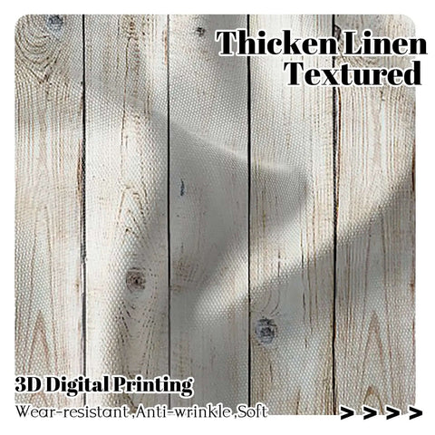 Close-up of thick linen textured fabric with 3D digital printing, showing rustic barn door style for kitchen curtains.