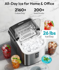 EUHOMY countertop ice maker with clear lid and stainless body, ice cubes visible inside.