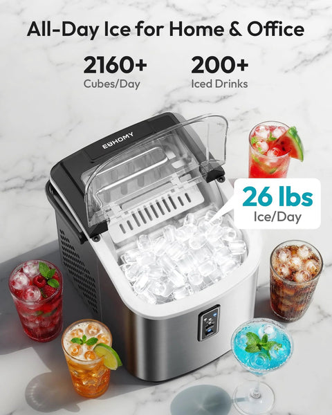 EUHOMY countertop ice maker with clear lid and stainless body, ice cubes visible inside.