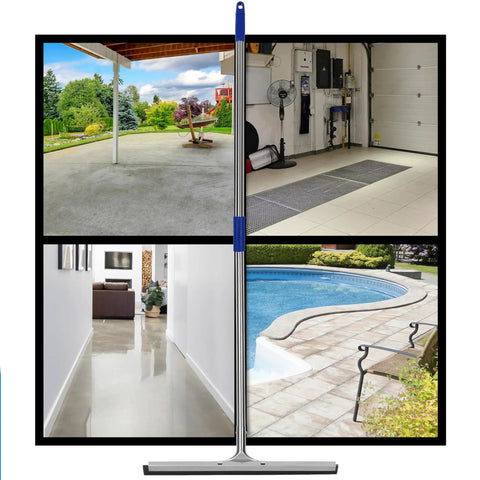 Heavy Duty 55 Inch Floor Squeegee With Wide 22 Inch Silicone Blade And Sturdy Steel Handle with various floor surfaces.