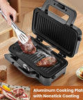 Cooking meat on the 3 In 1 Sandwich Maker Waffle Maker With Removable Plates And Panini Press, 1200W, nonstick coating visible