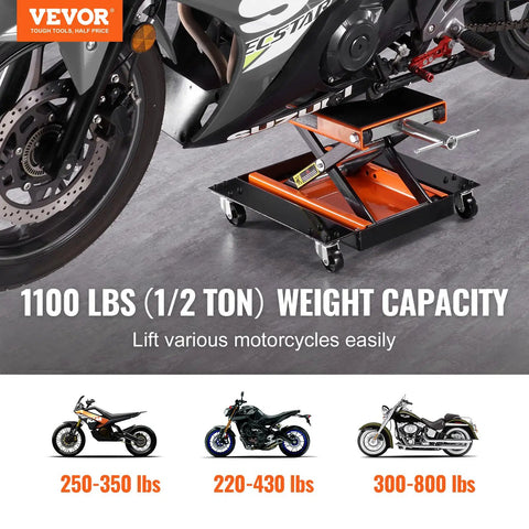 1100 Lbs Motorcycle Lift With Dolly And Hand Crank Scissor Lift Jack supporting a street bike, showcasing weight capacity 1100 lbs