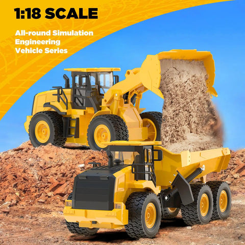 9-Channel Remote Control Wheel Loader 1:18 Scale Construction Toy With Realistic Sounds And Lights lifting dirt on rocky terrain