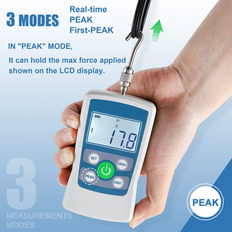 Digital Push Pull Force Gauge 500N With Real Time Peak And First Peak Modes Reads In N Lb Kg Oz With 0.1N Resolution Auto Shutoff 2 AAA Batteries Included Max Load 50Kg 110Lb 1800Oz Four Units Display For Precise Tension And Pull Tests. handheld force gauge showing peak mode LCD reading
