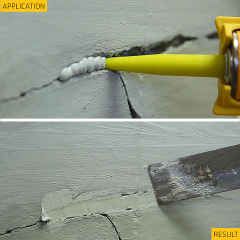 Concrete Fix Elastic Sealant For Cracks And Joints, Paintable Polyurethane in limestone demonstrating application and result on wall crack