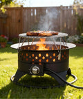 20 Inch Outdoor Fire Pit With Grill, Smokeless Propane Burner Delivers 60000 BTU Heat with steaks on foldable chrome grate