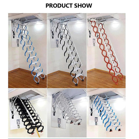 Game Changer Electric Attic Ladder Pull Down Design With Comfort Grip Armrests For Effortless Ceiling Access Built From Heavy Duty Titanium Alloy in various colors.