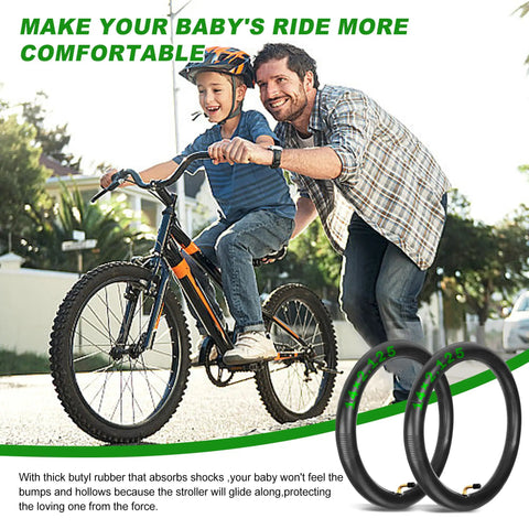 Father helping son ride bike with 2-Pack 14X2.125 Heavy Duty Bike Inner Tubes With 2 Tire Levers Schrader Valve