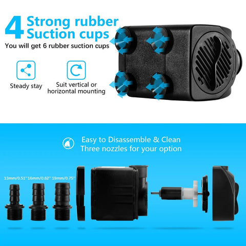 Fountain Pump Kit Two Pack 400 GPH Submersible Water Pump with four rubber suction cups and three nozzle options shown