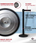 Image of Beefy Two Pack Stanchion Belt Barriers with 11-foot black belts and 40-inch posts showing concrete base and retractable belt details.