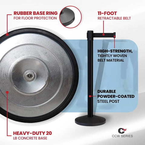 Image of Beefy Two Pack Stanchion Belt Barriers with 11-foot black belts and 40-inch posts showing concrete base and retractable belt details.