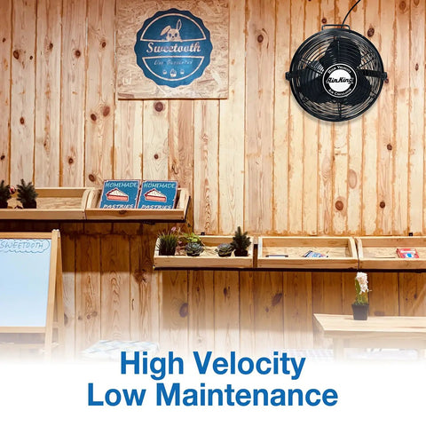 12 Inch Powder Coated Steel Wall Mount Fan Black, 1360 CFM Industrial Cooling Fan with 9ft Power Cord, Pull Cord Switch, ETL OSHA Compliant in wooden workshop