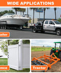 Various applications of beefed up heavy duty floating dock hardware for trailers, fences, and tractors in outdoor settings.