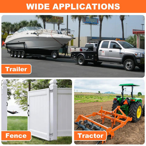 Various applications of beefed up heavy duty floating dock hardware for trailers, fences, and tractors in outdoor settings.