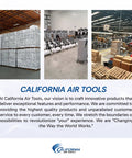 California Air Tools facility with stacked boxes, air compressors, and organized workspaces showcasing product variety and quality.