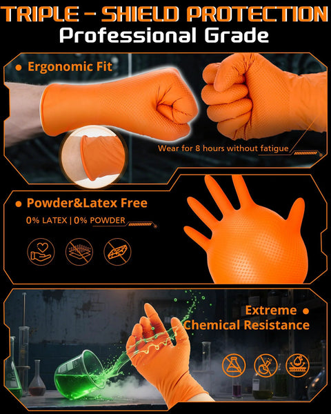 Orange nitrile work gloves with raised diamond texture grip; heavy duty, latex-free, chemical resistant, XL, 80-count