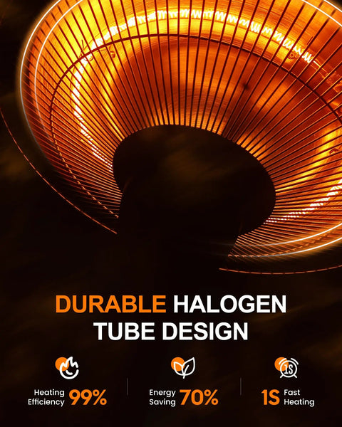Close-up of the glowing heating element of an Infrared Patio Tabletop Heater With Tip Over Protection IP44 Waterproof 1500W Outdoor Heater.