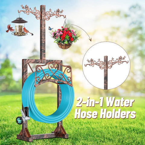 Detachable Water Hose Holder With Five Anchor Points Sturdy Freestanding Hose Reel Holds Up To 150 Ft Of Hose No Wobble For Outdoor Yard Or Garden Storage In Antique Bronze Finish featuring decorative hooks