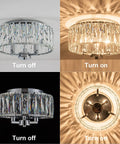 Lit 13 Inch Chrome Flush Mount Crystal Ceiling Light With 3 K9 Crystals Modern Chandelier, turned off and on from various angles