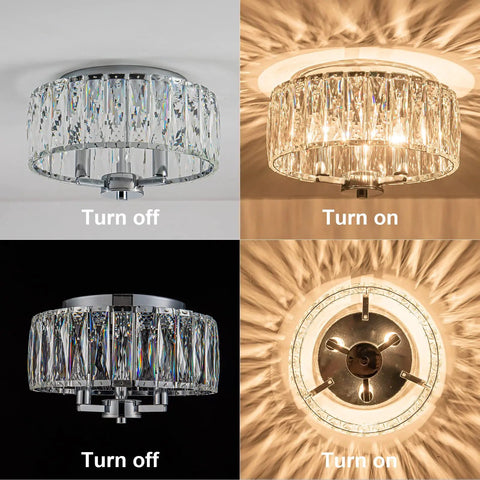 Lit 13 Inch Chrome Flush Mount Crystal Ceiling Light With 3 K9 Crystals Modern Chandelier, turned off and on from various angles