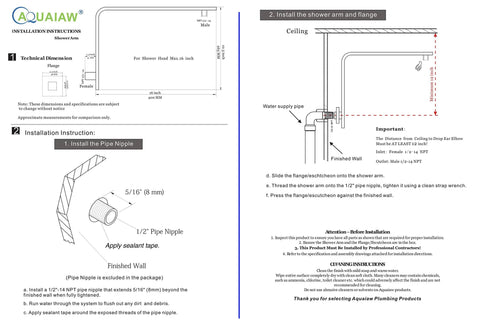 Technical diagram showing installation instructions for High Rise Shower Arm And Flange 16 Inch Solid Brass Square Shower Riser Gooseneck Wall Mount Extension Arm Half Inch NPT Tapered Threads Matte Black Rock Solid.