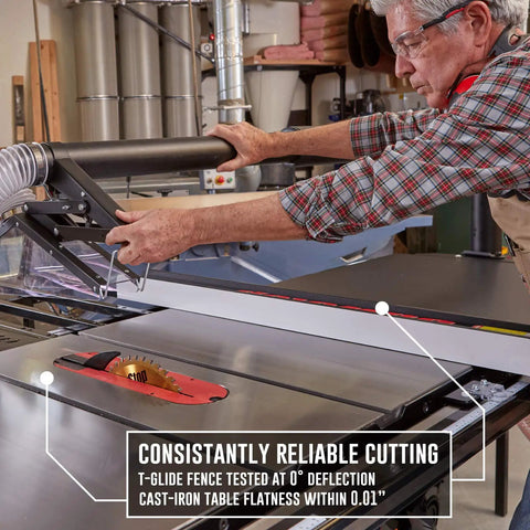 Operator adjusting T-glide fence on Industrial 10 Inch Cabinet Saw Featuring Beefy 5 Hp Motor Knockout Safety Brake And Rock Solid 52 Inch T Glide Fence Assembly Delivers Hella Precision For Tough Daily Shop Tasks.