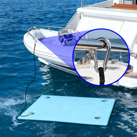 Heavy Duty 118 Inch Lily Pad Bungee Cord With Floating Locking Carabiners securing water pad to boat, dockside view