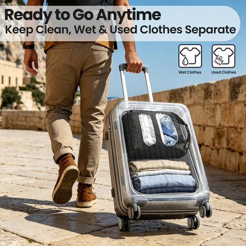 Portable Travel Laundry Washing Bag For Camping Cruise Van Life Lets You Hand Wash Socks And Delicates Right Inside packed in suitcase.