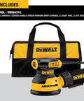 5 Inch Orbital Sander With 3.0 Amp Motor Delivers 12,000 OPM, Compact Palm Sander with dust bag and kit bag displayed
