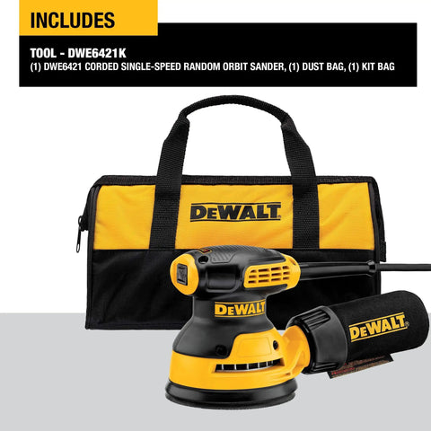5 Inch Orbital Sander With 3.0 Amp Motor Delivers 12,000 OPM, Compact Palm Sander with dust bag and kit bag displayed