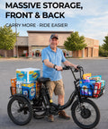 Electric Trike With Peak 1000W Power For Hills And City, 20 Inch Folding Three Wheel E Tricycle For Adults, Step Through Frame, 624Wh Removable Battery, Large Basket, Classic Black, man carrying groceries