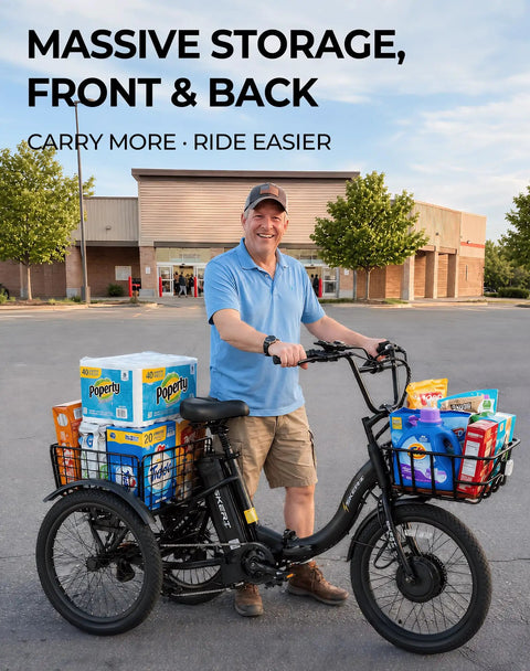 Electric Trike With Peak 1000W Power For Hills And City, 20 Inch Folding Three Wheel E Tricycle For Adults, Step Through Frame, 624Wh Removable Battery, Large Basket, Classic Black, man carrying groceries
