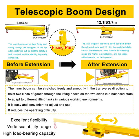 Heavy Duty Workhorse Forklift Jib Boom Hoist 6600 Lb Telescopic Mobile Crane Attachment showing before and after extension features.
