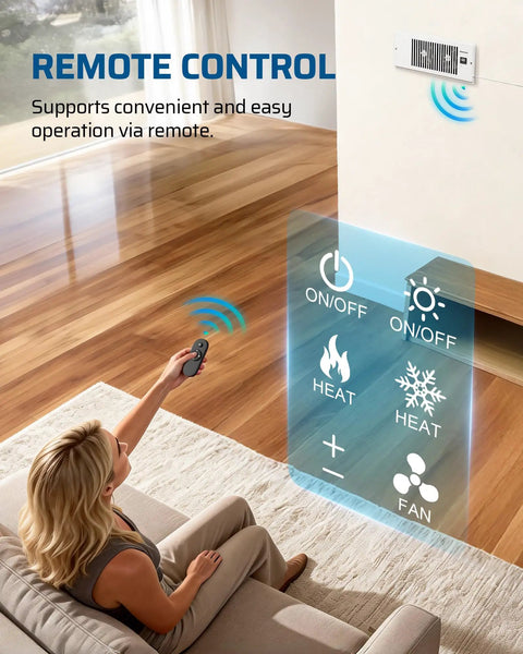 Woman using remote control for Quiet 4x12 Inch Register Booster Fan with Smart Thermostat on wall vent.
