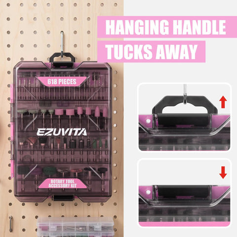 Kickass 618 Piece Rotary Tool Accessories Kit With Heavy Duty Cut Off Wheels Sanding Papers And Flap Discs Pink storage case hung on pegboard.