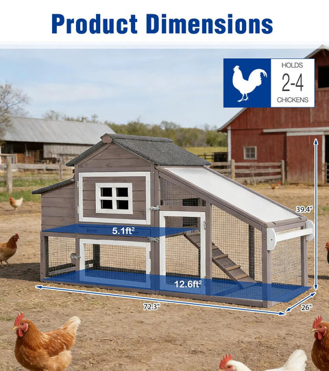 Ultimate Chicken Coop With Run And Wheels For Outdoor Backyard Poultry Hen House With Slide Out Tray Weatherproof Roof Predator Proof Design Durable Construction With Easy Clean Slide Out Tray For Quick Maintenance featuring dimensions and chicken capacity
