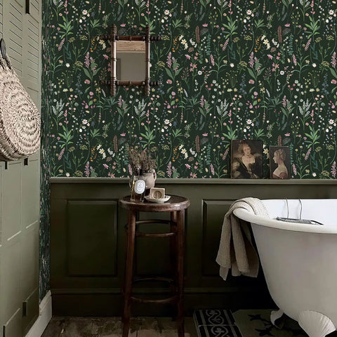 Floral Peel And Stick Vinyl Wallpaper For Kitchen Cabinets And Furniture, Renter Friendly DIY Wall Covering on vintage bathroom wall