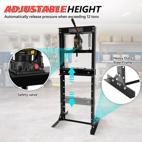 12 Ton H Frame Hydraulic Shop Press for Garage Floor Use With Adjustable Bed and Stamping Plates safety valve and steel frame
