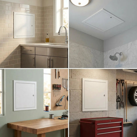Rock Solid Aluminum Access Panel For Drywall 12 By 16 Inch Beefy Metal Hidden Utility Door installed in various home settings.