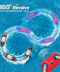Spider Hero RC Battle Boat 2 Pack Set With Water Spray Dual Combat Modes LED Lights For Pools Lakes Ponds Head To Head Racing shown spinning with remote.