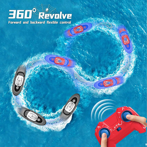 Spider Hero RC Battle Boat 2 Pack Set With Water Spray Dual Combat Modes LED Lights For Pools Lakes Ponds Head To Head Racing shown spinning with remote.