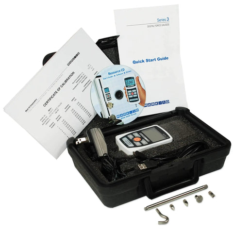 M3 100 Series Digital Force Gauge With 100 Pound Force Capacity, Ultra Compact Design, Pro Grade High Speed 2000 Hz Sampling, Accuracy Within Three Tenths Of One Percent, USB Output, Reversible Housing And Display For Easy On The Go Measurements, in case with accessories